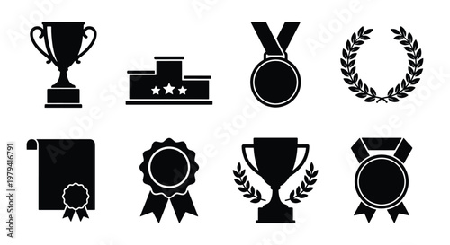 Award winning trophy and medal icons, black silhouette achievement symbols set, 8 vector elements for sports competition and business success