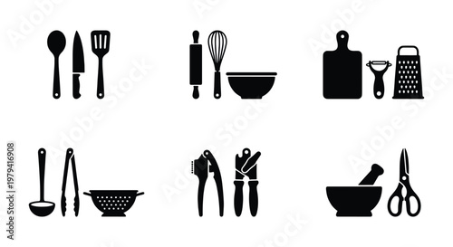Kitchen utensil icon set, black cooking tool silhouettes, culinary vector