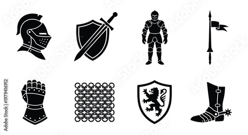 Medieval knight armor icons, 8 black vector elements, warrior equipment set