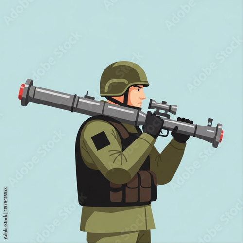 Soldier Holding Rocket Launcher Vector Illustration.