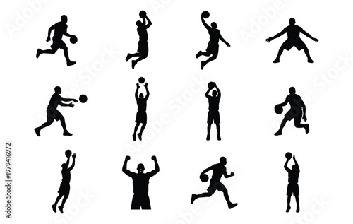 Basketball player silhouettes set, 12 athlete icons in action poses, black vector sports figures jumping and dribbling on white background