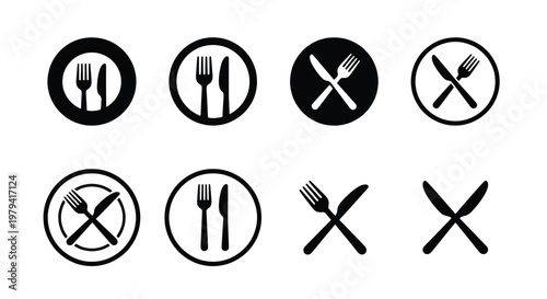 Restaurant cutlery icons set, fork and knife symbols, 8 black vector elements