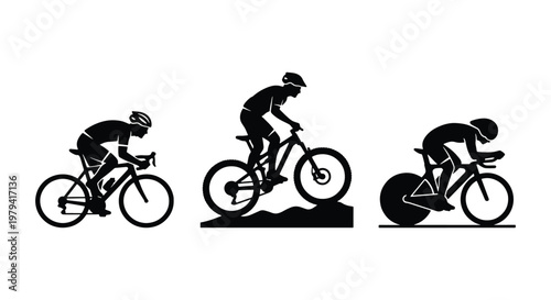 Cycling silhouette set, mountain bike and road cyclist icons, 3 vector elements