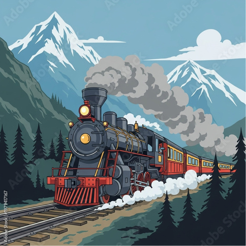 Vintage Train Traveling Through Mountains Landscape.