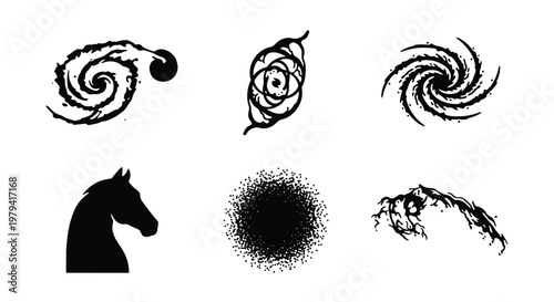 Cosmic galaxy vector icons, black spiral nebula set, horse head silhouette
