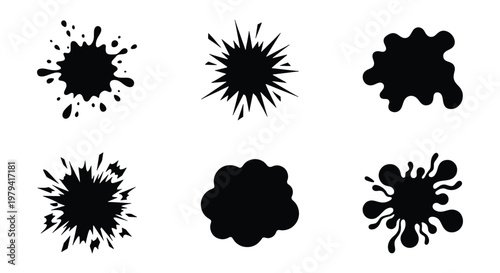 Black ink splat vector set, 6 paint splash silhouettes and liquid blotches, abstract grunge spray stains for graphic design and artistic backgrounds