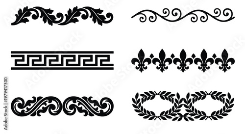 Vintage decorative border set, 6 black ornamental dividers and floral filigree vectors, classic greek key and fleur de lis patterns for stationery
