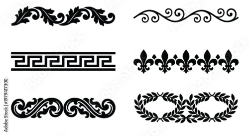 Fototapeta na wymiar Vintage decorative border set, 6 black ornamental dividers and floral filigree vectors, classic greek key and fleur de lis patterns for stationery