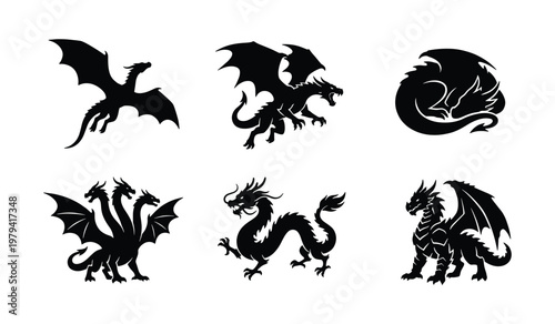 Mythical dragon silhouettes, 6 black fantasy creature icons, flying dragon set
