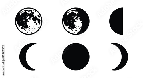 Moon phases vector set, lunar cycle icons, black celestial moon silhouettes