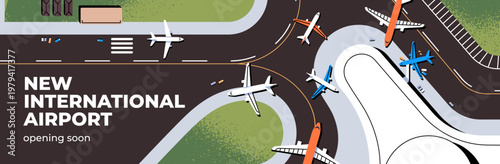Advertising banner design of airport or airlines. Top view of terminal, runways on air travels, flights promotion layout. Template with aircrafts, airplanes on airstrips. Flat vector illustration
