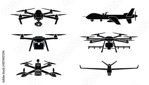 Drone silhouette icons, 6 UAV aircraft vector set, military and civilian drones