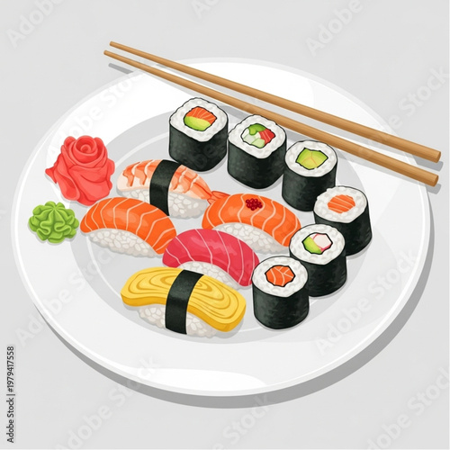 Sushi Rolls and Chopsticks on Plate.