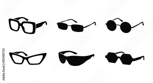 Photos Black sunglasses silhouette icons, 6 fashion eyewear vectors, modern glasses set