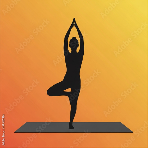 Woman Practicing Yoga Tree Pose Silhouette.