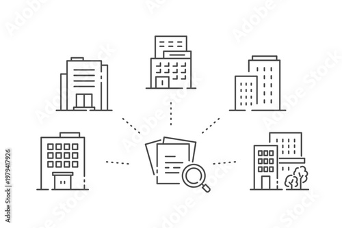 複数社の競合調査やコンペ比較を表すベクターイラスト（線画・モノクロ）Editable stroke