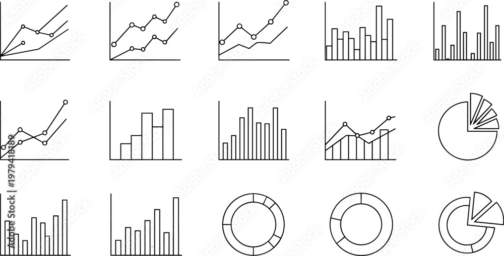Obraz premium Business analytics icon set with line charts bar graphs pie charts and data visualization elements for finance statistics and dashboard design vector illustration