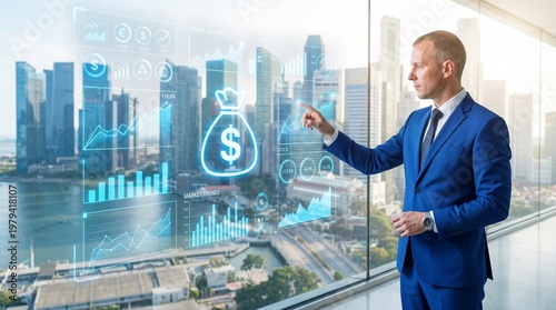 Business professional analyzing financial data with digital dollar icon in modern cityscape office