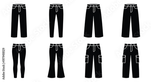 Black denim jeans icons set, flat vector pants collection with various fits, 8 garment silhouettes including skinny, cargo, and wide leg trousers
