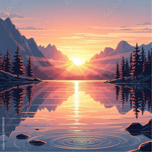 Vibrant Sunset Illustration with Mountains and Lake.