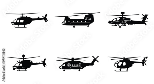 Helicopter silhouette icons, 6 military and civilian aircraft vector set