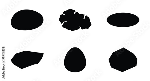 Black stone silhouettes set, collection of 6 organic rock shapes and pebbles, minimalist mineral and boulder icons for landscape design