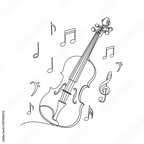 Violin with Musical Notes and Symbols.