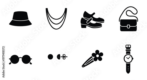 Fashion accessories icon set, 8 black vector elements, female apparel symbols