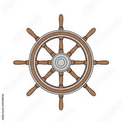 Vintage Wooden Ship Steering Wheel Illustration.