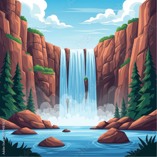 Waterfall Landscape with Trees and Rocks.