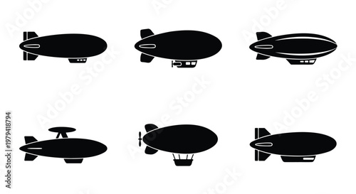 Vintage blimp silhouette icons, 6 airship vector elements, dirigible set