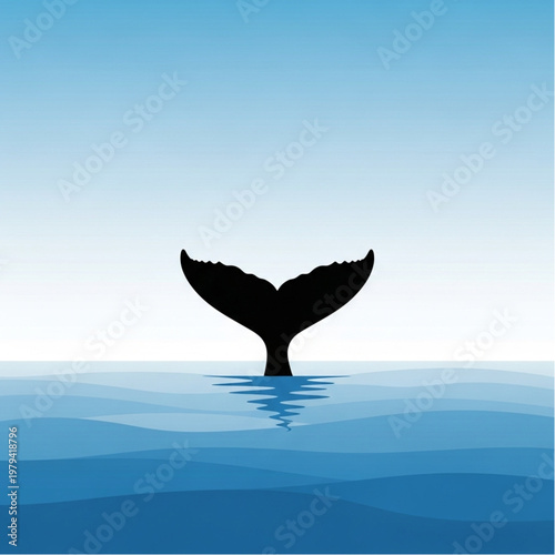 Whale Tail Silhouette in Ocean Water.