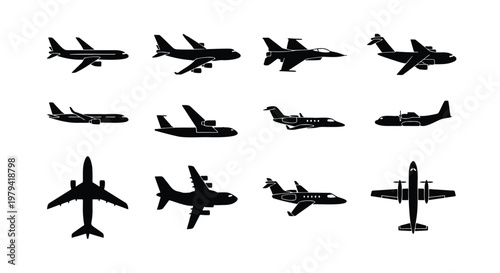 Airplane silhouette set, 12 aircraft icons, commercial and military planes