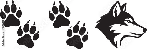 Siberian husky dog vector illustration, black and white standing pet silhouettes facing each other, animal profile clip art, cad drawing flat vector illustration