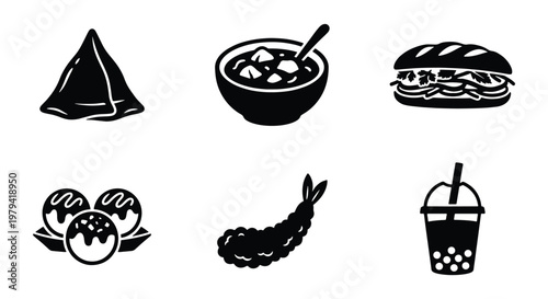 Asian street food icons set, black vector food illustrations, takeout menu art