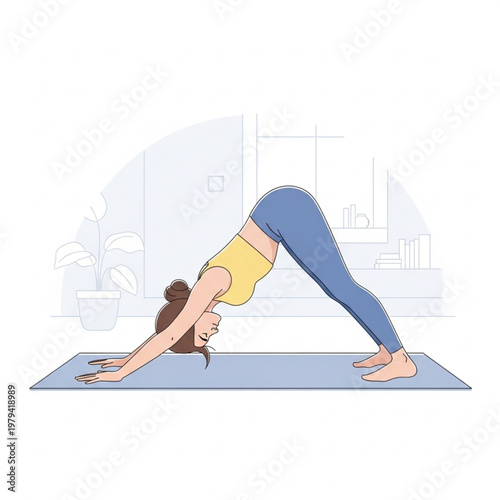 Woman Practicing Downward Facing Dog Yoga Pose.