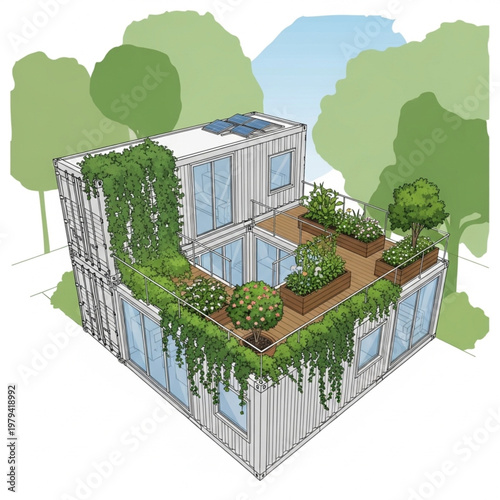 Modern House with Green Roof and Garden.