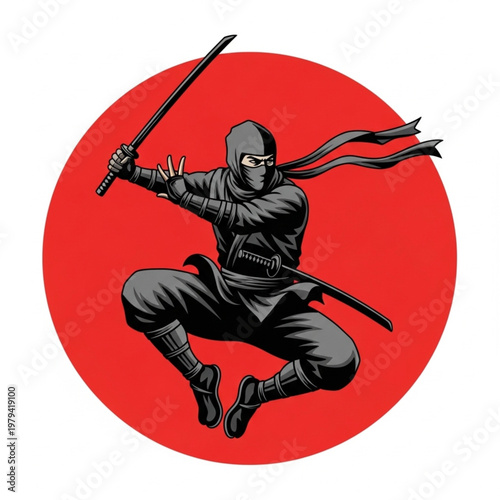 Ninja Warrior Jumping with Sword in Action.