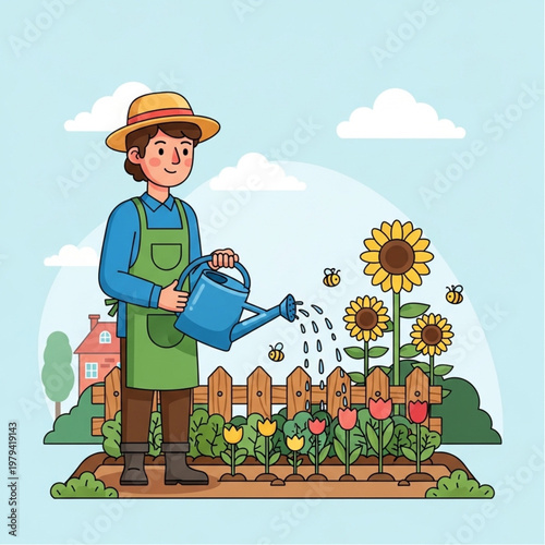 Woman Watering Flowers in Garden.