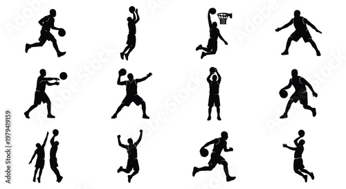 Basketball player silhouettes, 12 athlete action poses, sports vector set