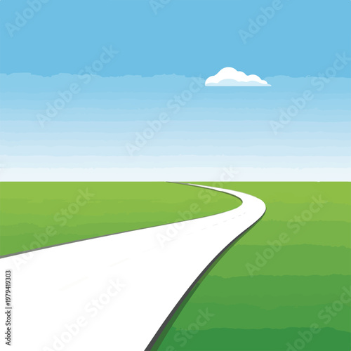 White Road in Green Field Landscape.