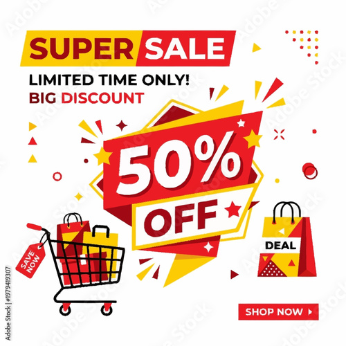 Colorful vector graphic illustration of a 50 percent off sale advertisement with shopping cart and bags