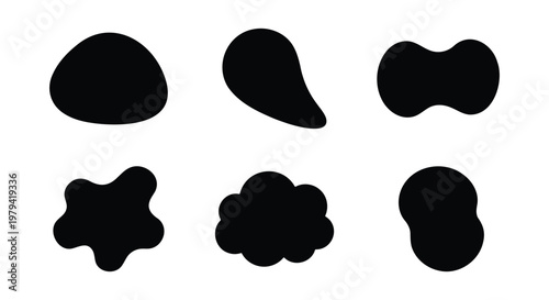 Organic liquid shapes, black blob vector set, 6 abstract amoeba silhouettes