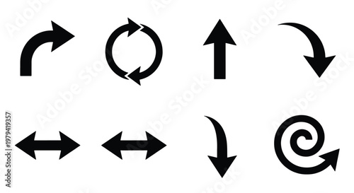 Black arrow icon set, 8 vector direction symbols, navigation pointer collection