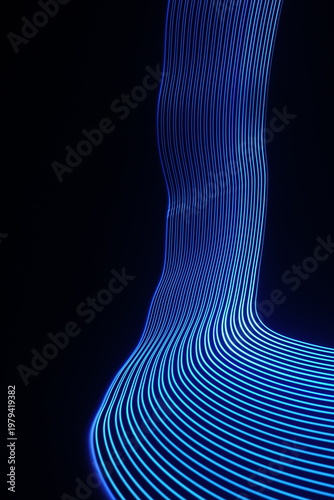 Electric blue light trails against a deep black background