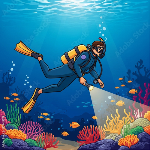 Scuba Diver Exploring Underwater with Flashlight.