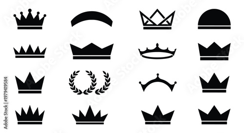 Royal crown icons set, black heraldic tiara symbols, 16 vector elements