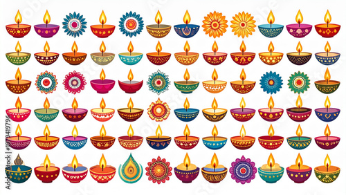 Diwali Festival Elements Vector Set with Oil Lamps and Rangoli Designs