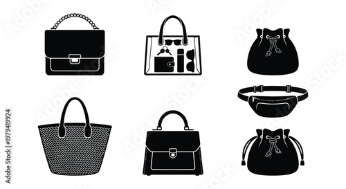 Black handbag icons set, fashion purse vector collection, female bag symbols