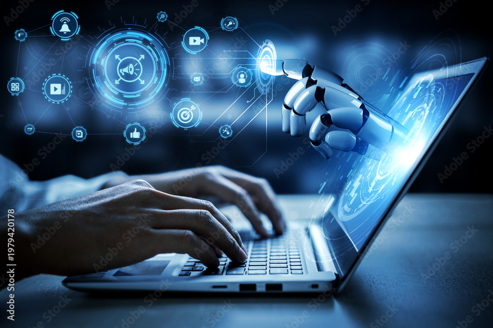 Obraz premium AI content marketing dashboards analyze SEO, optimize campaigns, and predict growth, driving engagement and business performance strategies. Entice